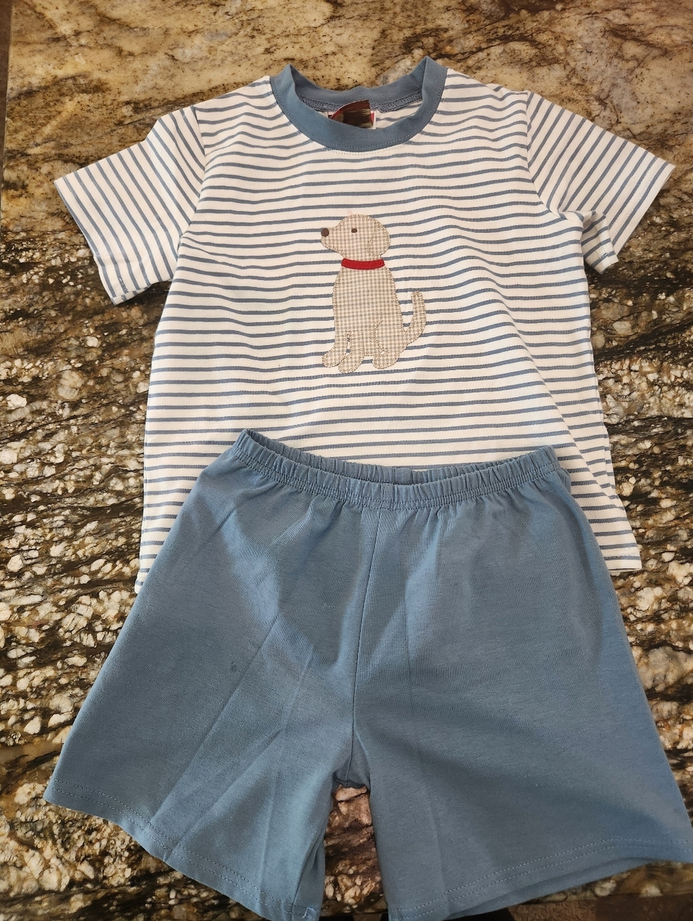 Blue Striped Puppy Appliqué Kids Matching Set
